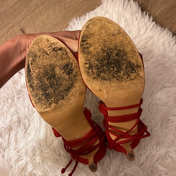 Red Stiletto Open Toe Heels With Strappy Tie Up Laces - Size 7 US - Picture 13 of 13